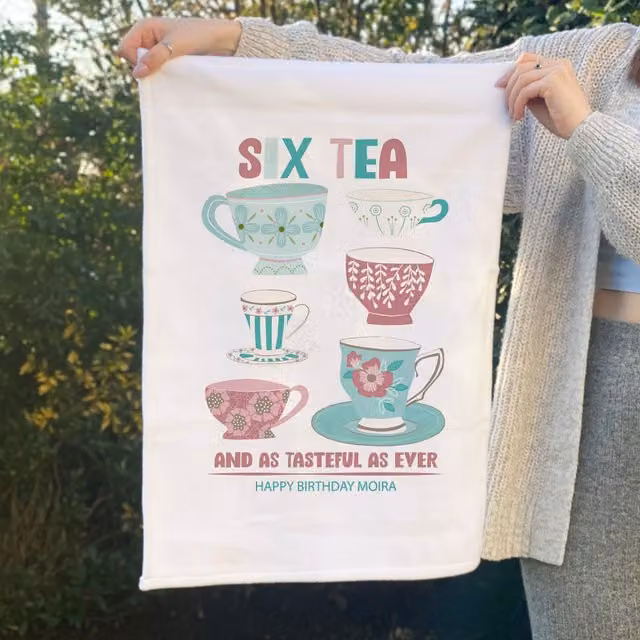 Afewhometruths Personalised Six Tea 60th Birthday Gift Tea Towel in White, W: 60 cm – 1