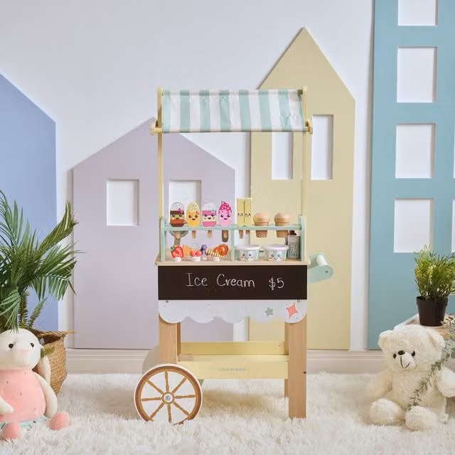 Teamson Kids Jolly Pals Wooden Ice Cream Stand with 32 Accessories, Multicolour and White