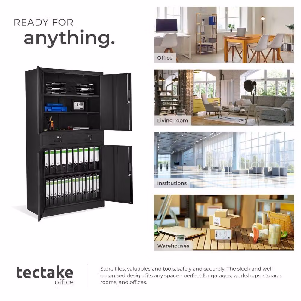 tectake Cosmo Filing Cabinet in Black and Grey with Hinged Doors, Drawers, Adjustable Internal Shelves and Lock – 6