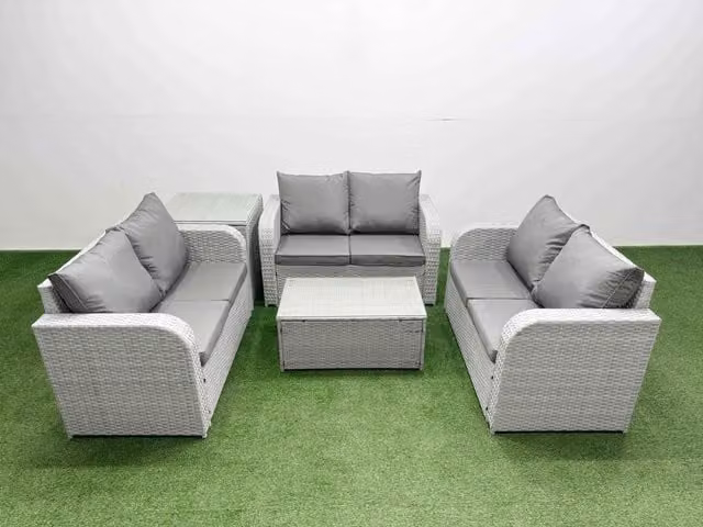 Fimous 6 Seater PE Wicker Rattan Garden Furniture Set in Light Grey with Rectangular Coffee Table, 2 Seater Love Sofa and Side Table