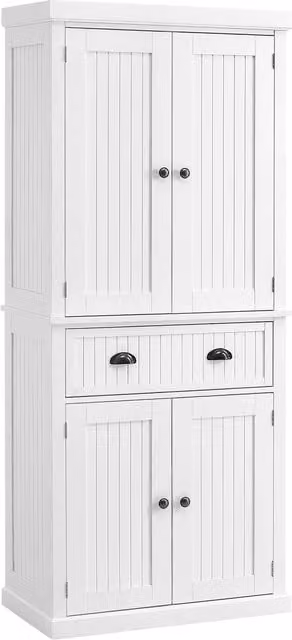 HOMCOM White Tall Kitchen Storage Cabinet with Internal Drawers and Adjustable Shelves, H: 183.0 x W: 76.2 x D: 39.3 cm