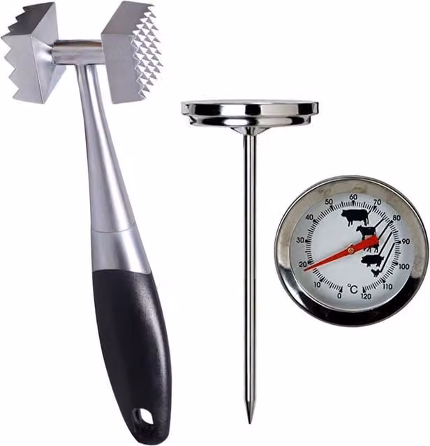 Simpa Stainless Steel Meat Tenderiser and Thermometer Set in Metallic Silver
