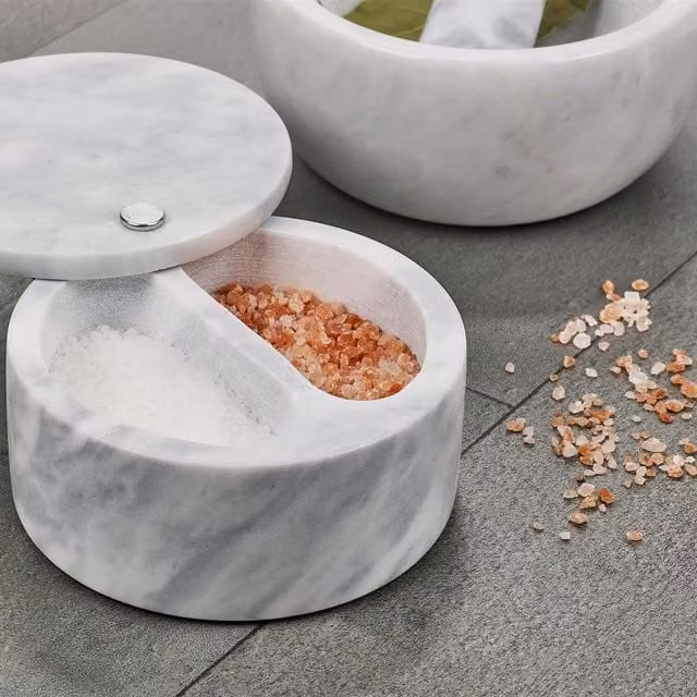 Homiu White and Grey Marble Salt Cellar with 2 Compartments and Swivel Top