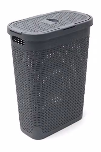 Addis Faux Rattan Slim Laundry Hamper, Anthracite Grey, W/D/H: 26.5 x 40 x 46.5 cm