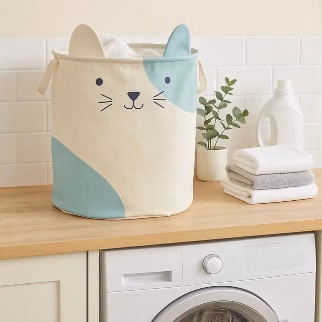 Orsina Mimo Cat Face Cotton Laundry Bag in White and Multicolour