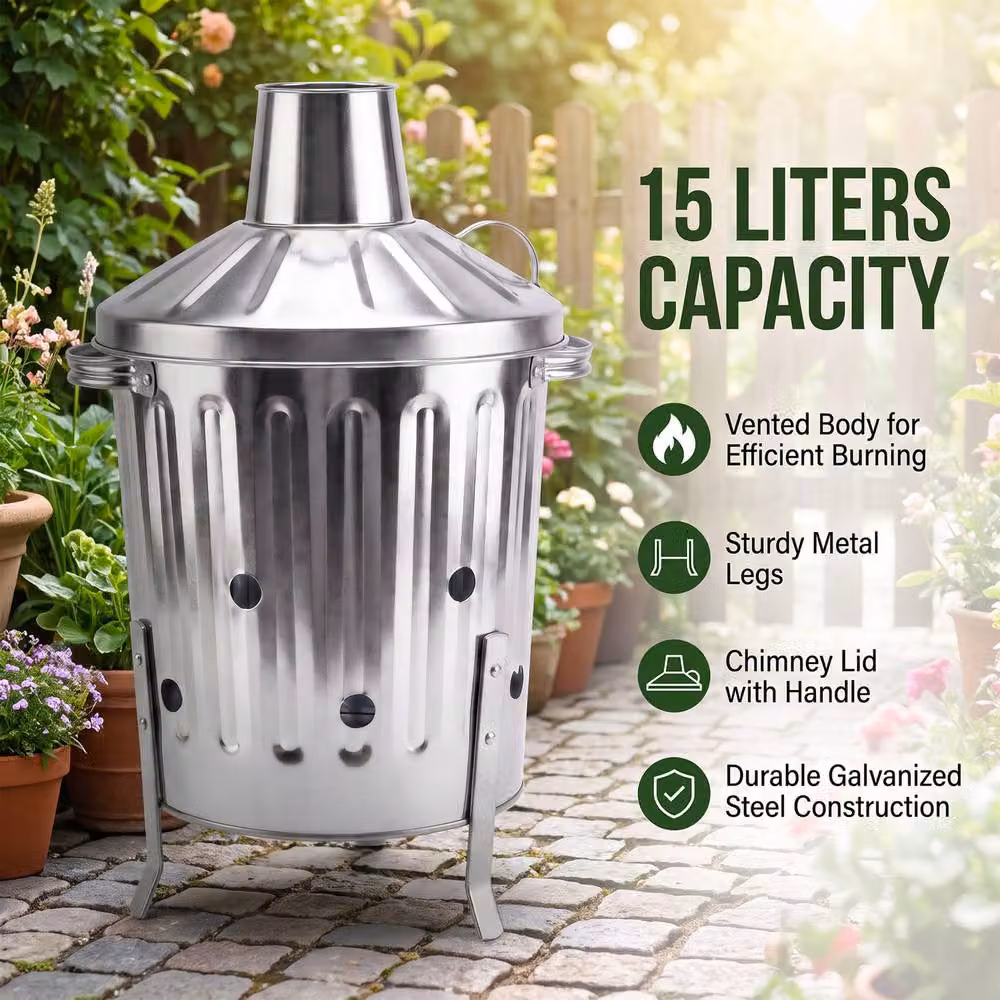 Crystals 15L Mini Garden Galvanised Steel Incinerator Fire Bin in Metallic Silver – 5