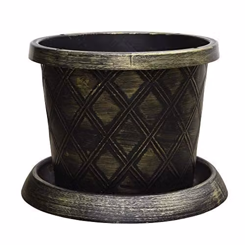 Thompson and Morgan Black and Gold Lattice Effect Large Patio Pot and Saucer Set, 3 x Diameter: 39 cm – 2