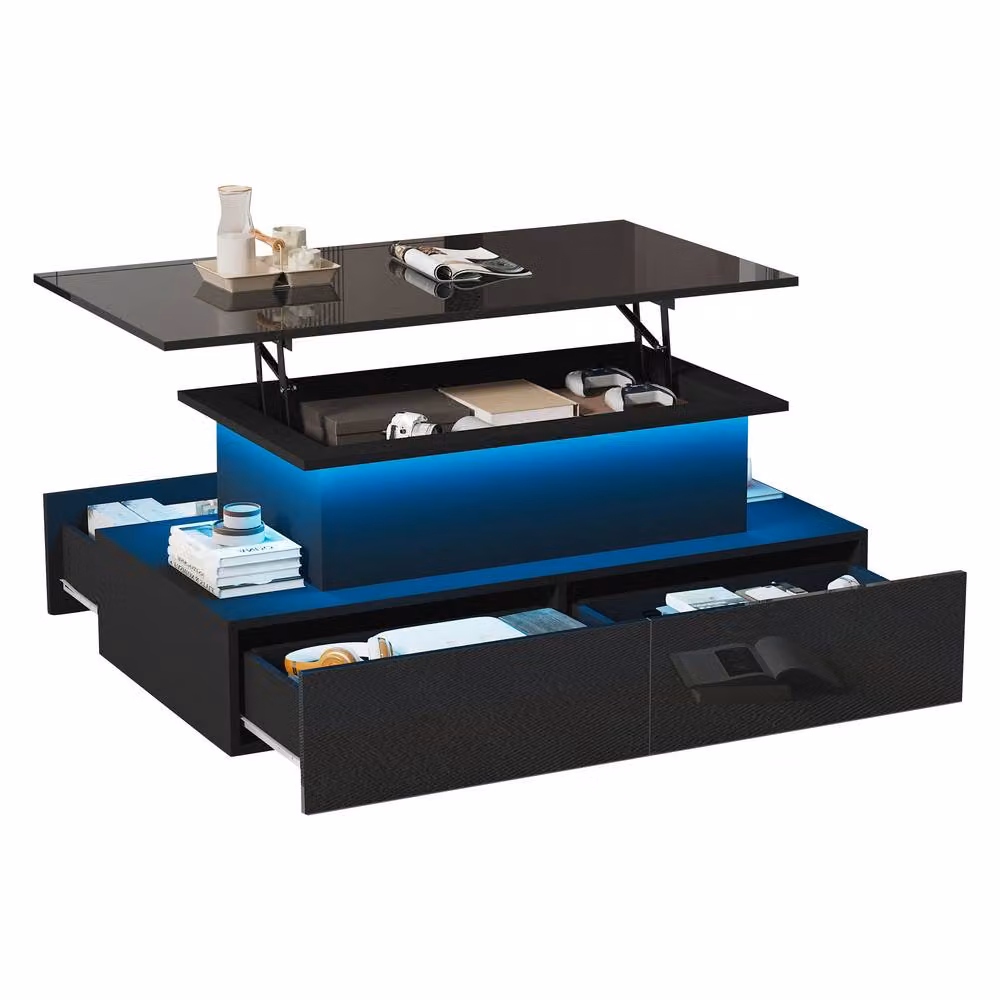 STILVORA Modern Black Glossy Coffee Table with Lift Top, 4 Drawers and Glass Panel Side – 3