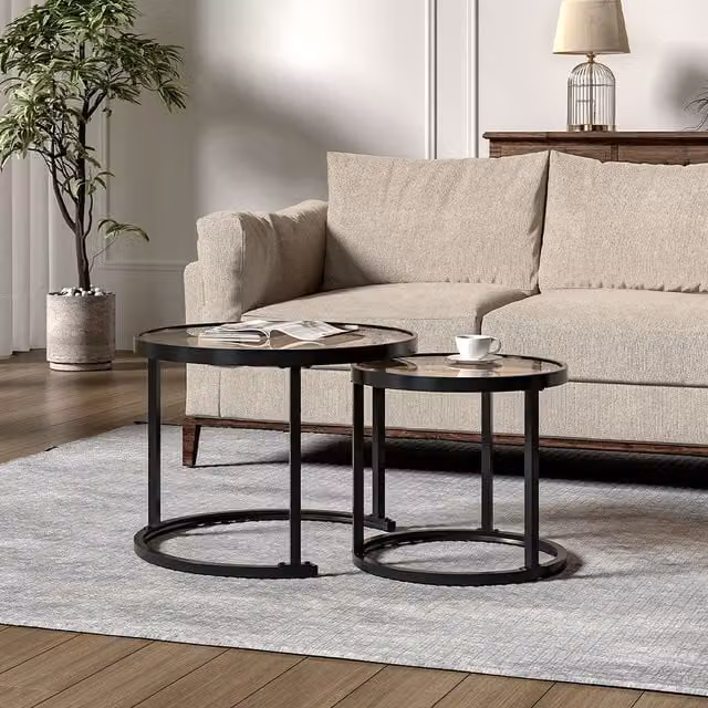 Livingandhome Set of 2 Round Glass Nesting Tables with Black Steel Legs