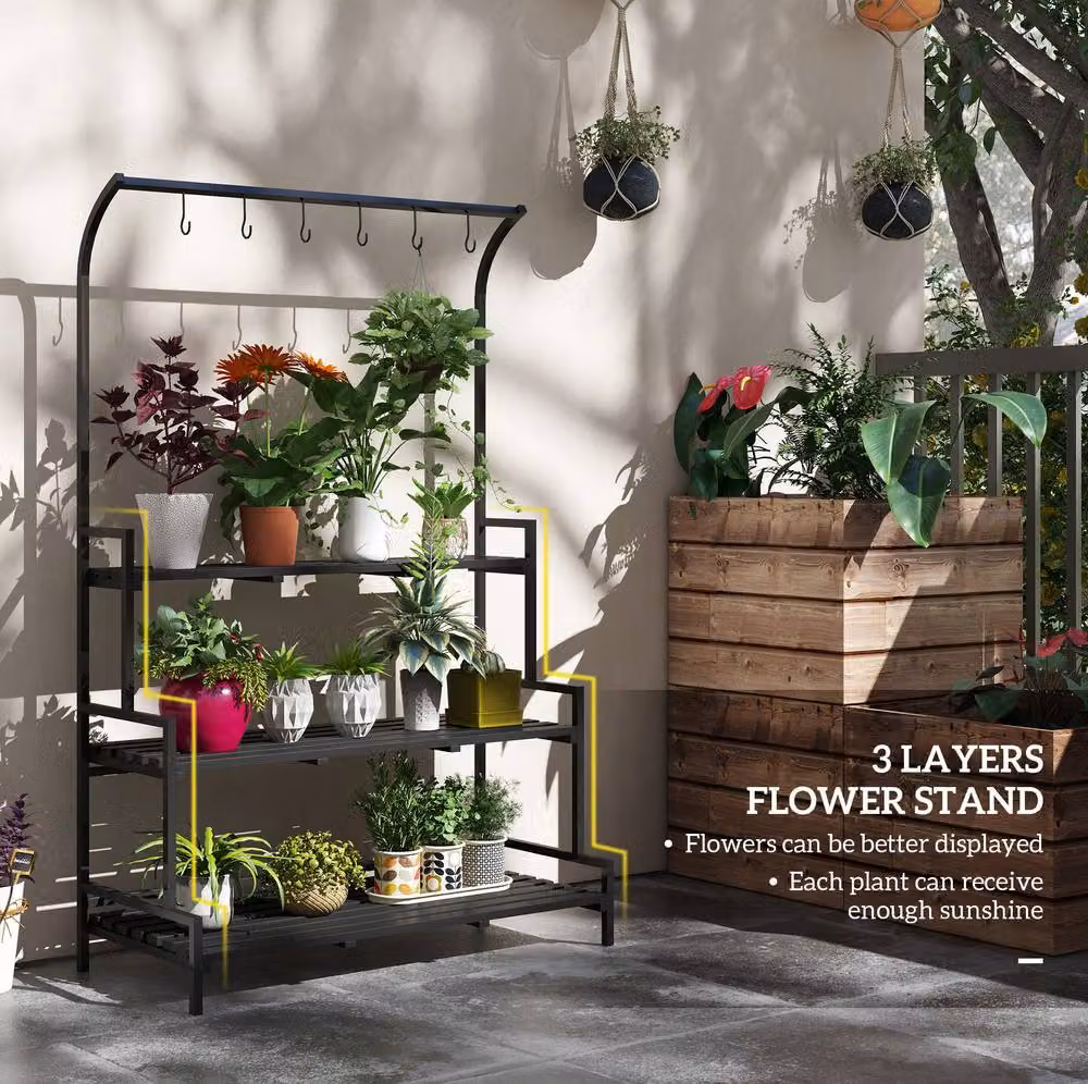 STILVORA 3 Tier Plant Stand with Hooks, Black, H 170 x W 110 x D 34 cm – 3