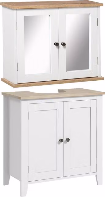 kleankin Modern Bathroom Furniture Set in White and Wood Grain featuring a Wall Mounted Mirror Cabinet with Adjustable Shelves and a Sink Vanity Unit
