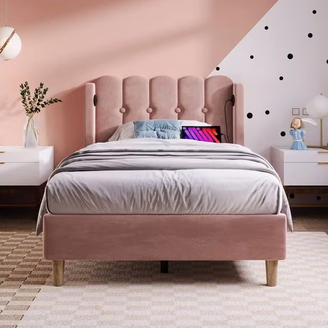 Merax Double Upholstered Velvet Bed in Pink with USB Charging Ports
