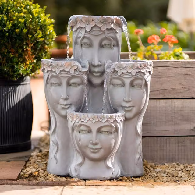 Primrose Hebe Goddess 2 Tier Cascading Tabletop Water Feature with Lights in Grey