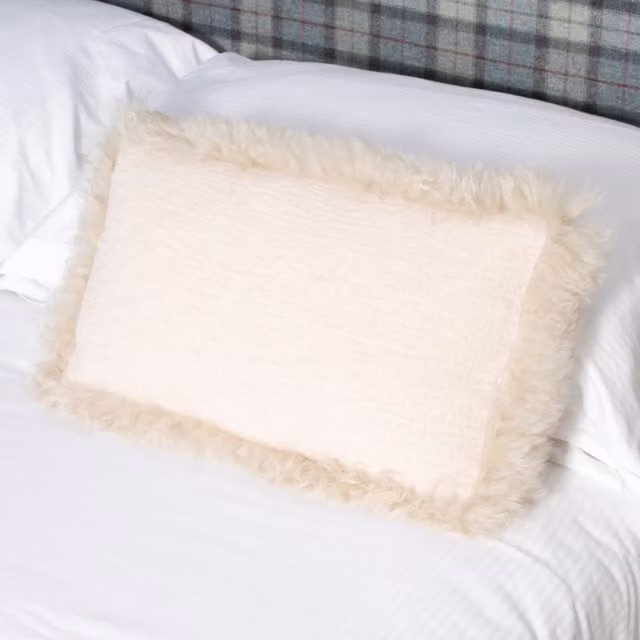 LinenFur White and Beige Rectangular Linen Cushion with Lambskin Trim