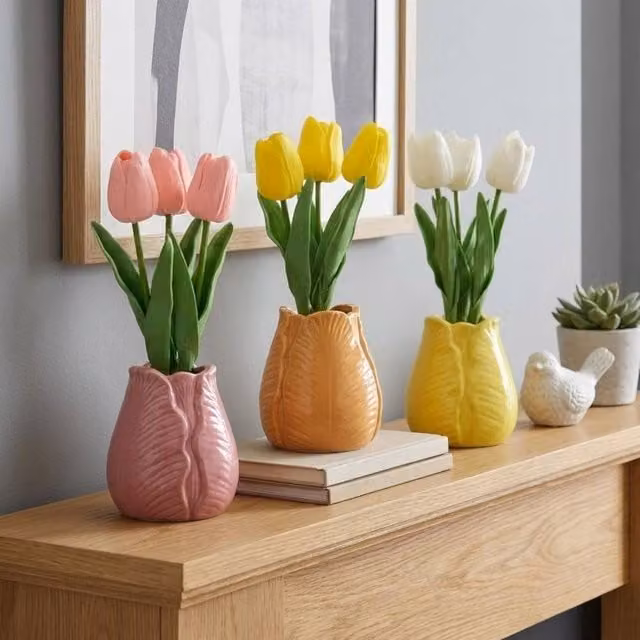 Garden Greatness Trio Multicolour Artificial Tulip Set in Ceramic Vase