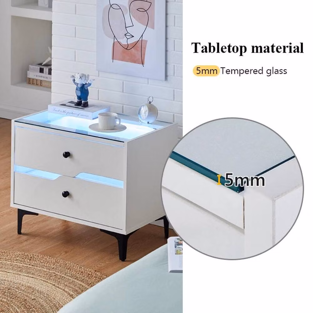 FLAVORA White High Gloss LED Bedside Table with 2 Drawers – 4