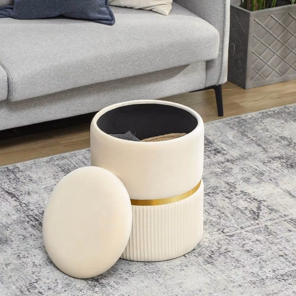 FORGEVIO Round Velvet Storage Foot Stool in Beige, W/D/H: 44 x 44 x 36 cm – 3