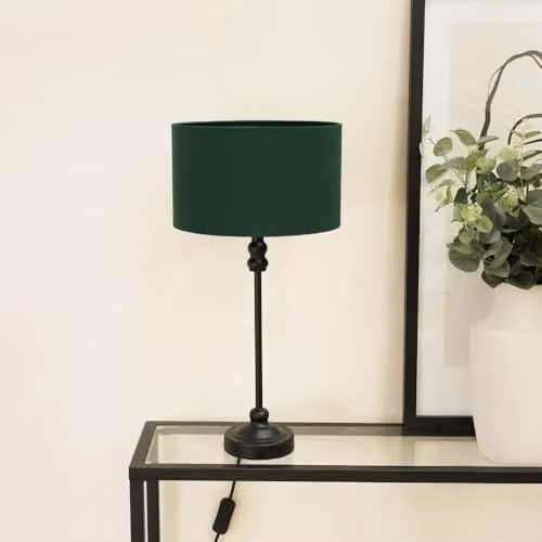 ValueLights Maggie Black Metal Candlestick Slim Table Lamp with Green Fabric Drum Shade – 2
