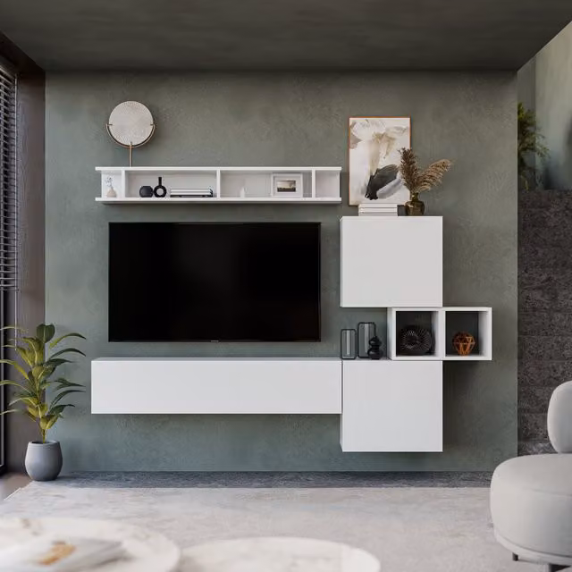 Decorotika Lisboa Modern Wall Mounted Entertainment Center in High Gloss White and Walnut