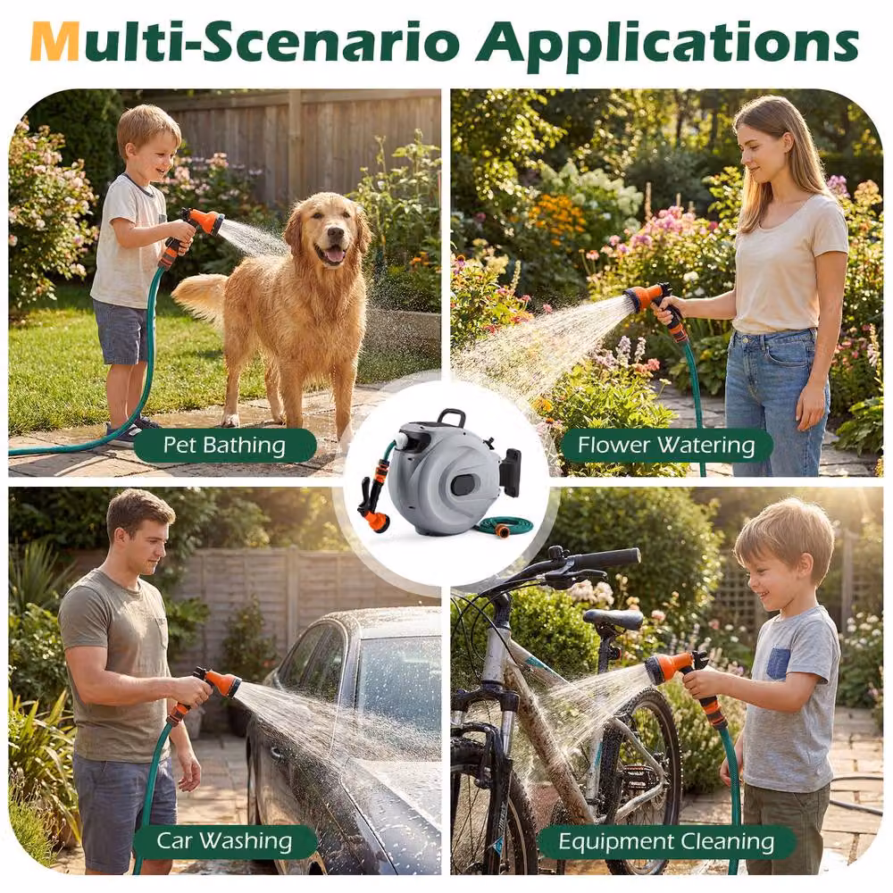 Gymax Retractable Hose Reel with Auto-Rewind and Wall Mount, 1/2 Inch, 30m + 2m, Grey – 3