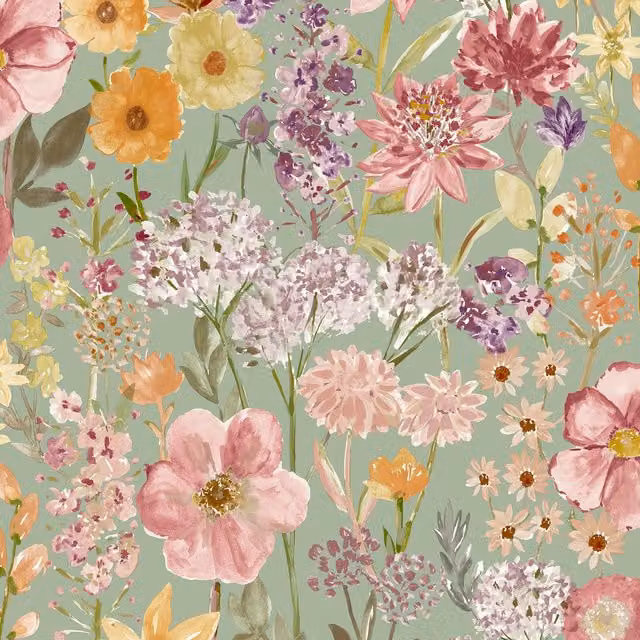 Grandeco Spring Wild Flowers Trail Smooth Botanical Floral Wallpaper in Green