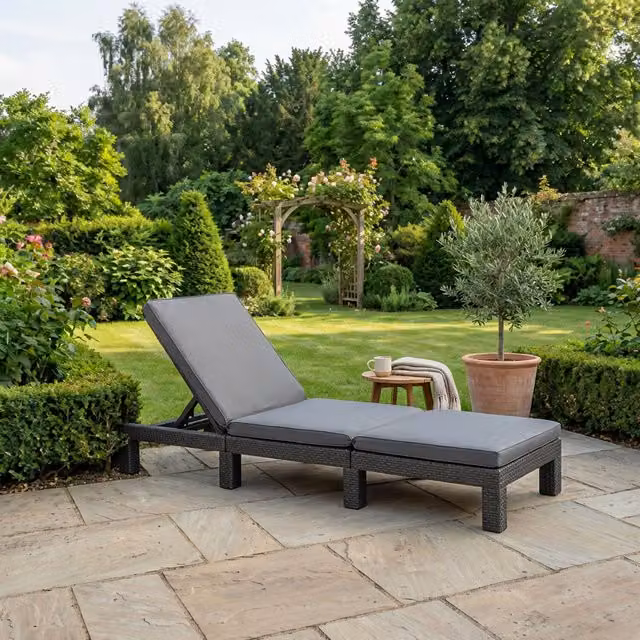Keter Daytona Garden Sun Lounger in Grey Polyrattan with Adjustable Headrest and Weatherproof Cushion