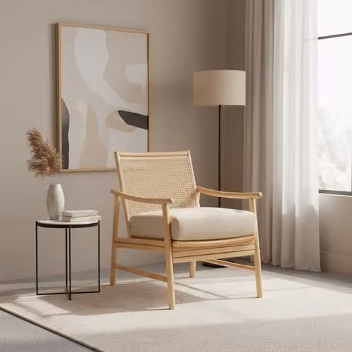 Desser Borneo Bedroom Chair with Rattan Seat and Cream Boucle Cushion – 2