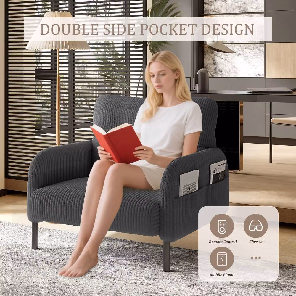 Direct Wicker Grey Corduroy Single Armchair with Wide Seat and Solid Wood Frame – 6