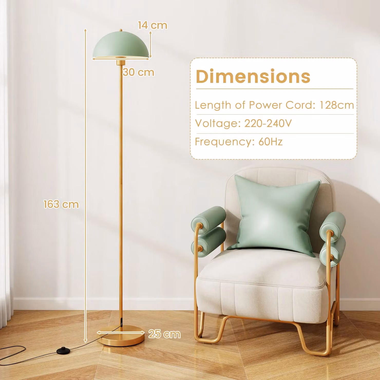 Costway Modern Green Metal Floor Lamp with Adjustable Dome Head and Gold Brass Accents – 2