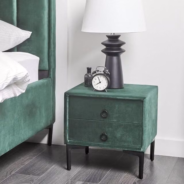 Wyld and Coco Dark Green Velvet 2-Drawer Nightstand with Black Legs