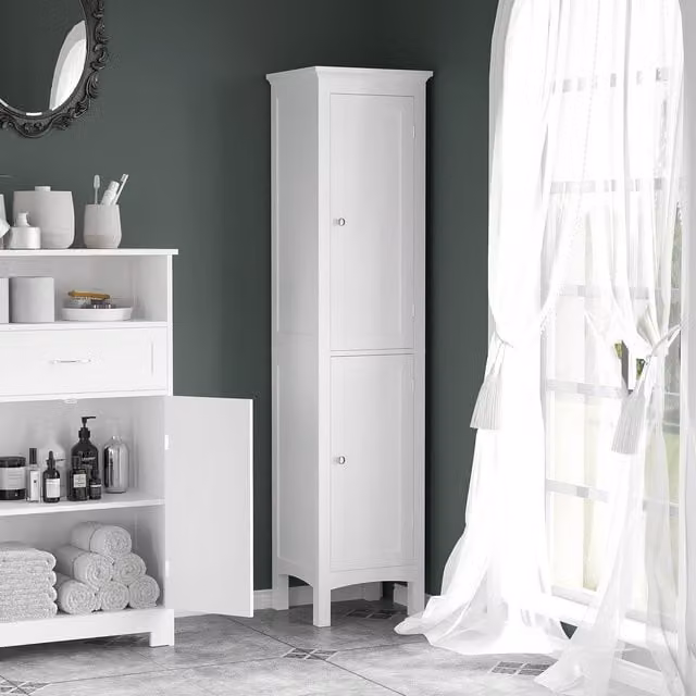 Kleankin Freestanding Tall Bathroom Cabinet with Hinged Double Doors and Internal Shelves, White