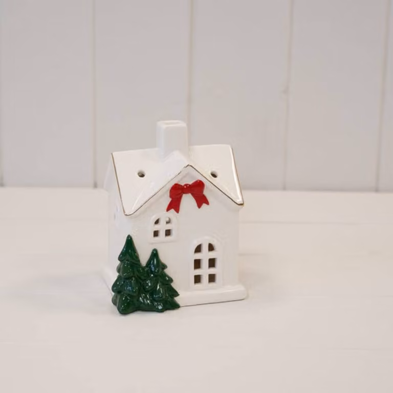 Four Candle Medium Christmas Tabletop Ceramic Decoration in White with Red Bow