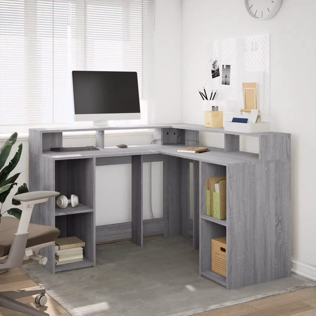 Berkfield Grey Sonoma Corner Home Office Desk with LED Lights, W/D/H: 130 x 130 x 91 cm – 3