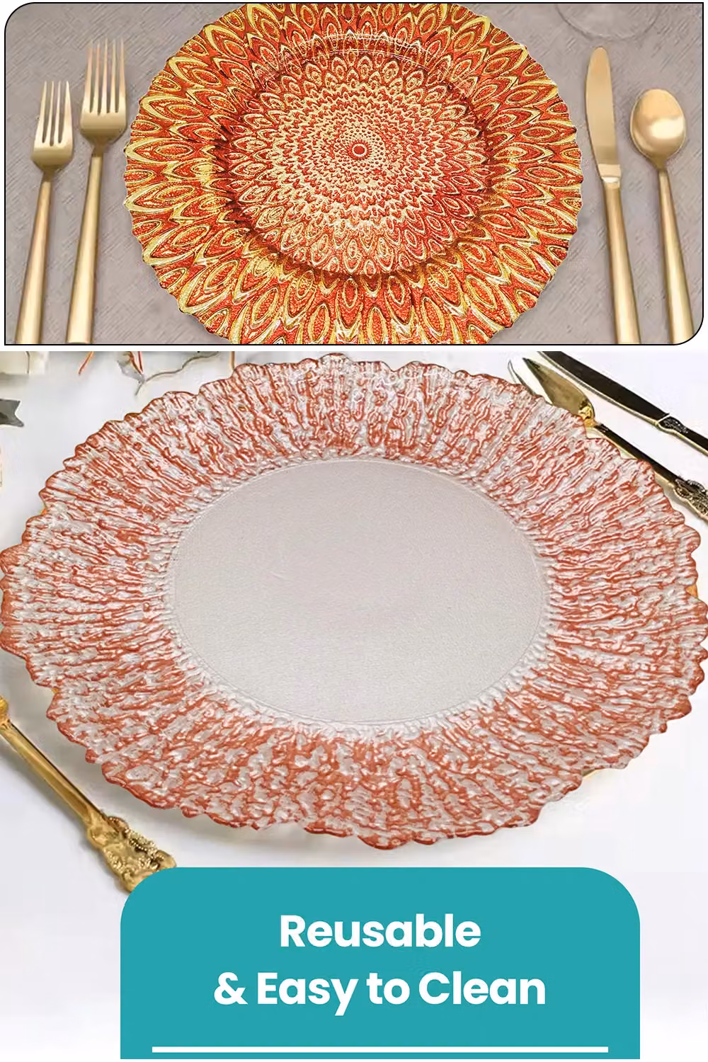 Neel Blue Crackled Glass Charger Plates in Blue and Rose Gold, Diameter: 33 cm – 3