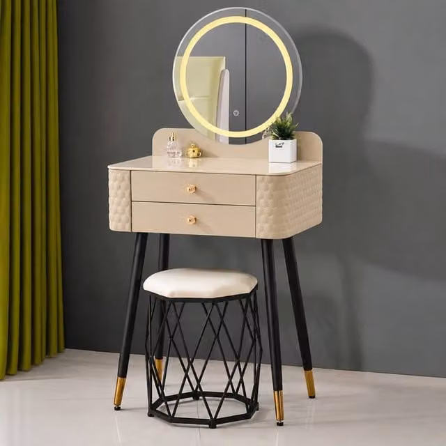 Sliding Wardrobes 4U Modern Dressing Table with LED Mirror and Stool Set in Beige and Gold, W/D/H: 60 x 50 x 127 cm