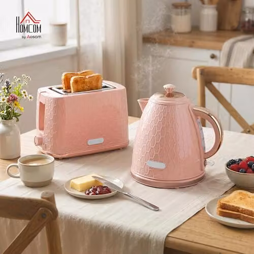 HOMCOM Kettle and 2 Slice Toaster Set in Pink with 1.7 l Jug Kettle and Limescale Filter – 2