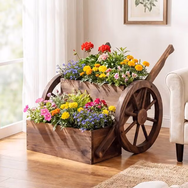 Costway 2-Tier Rustic Wood Wagon Planter and Raised Garden Bed with Wheels in Brown – 1