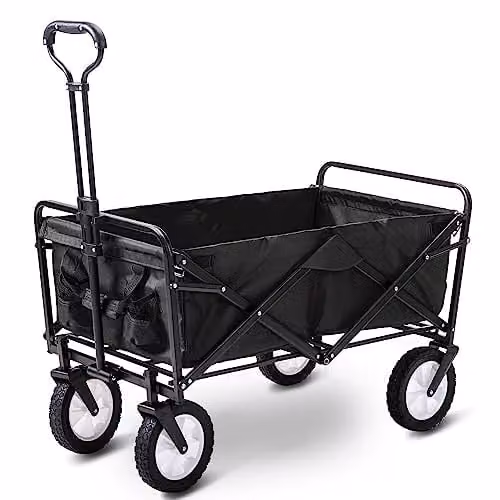 Alivio Heavy Duty Folding Wagon Cart, Collapsible Outdoor Garden Trolley with Adjustable Handle, Black – 1
