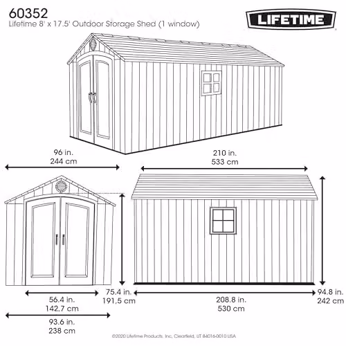Lifetime 60352 Heavy-Duty Outdoor Storage Shed in Grey, 2.4 x 5.3 m Garden Workshop with Double Doors and Steel-Reinforced Weatherproof HDPE Construction – 6
