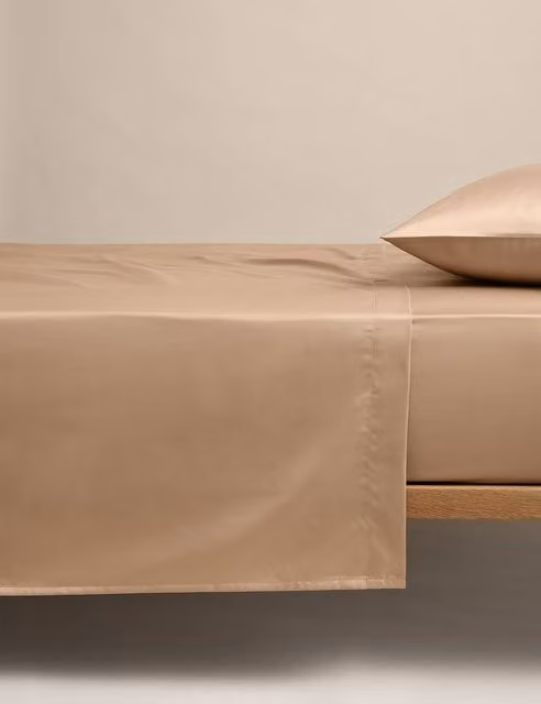 M&S Egyptian Cotton 400 Thread Count Silky Mako Satin Flat Sheet, Biscuit, W: 200 cm x L: 200 cm