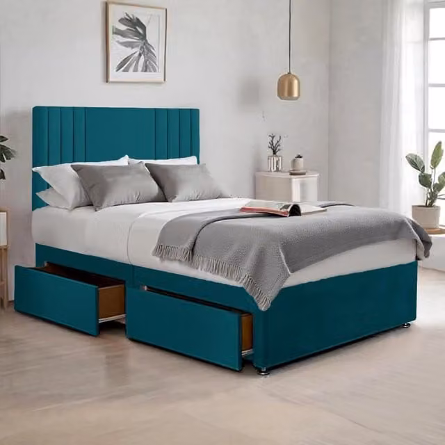 Bed Time UK Plush Sawana Small Double Bed with 20 inch Headboard, Memory Foam Hybrid Mattress and 2 Drawers in Green Petrol Velvet
