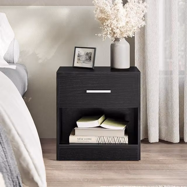 VASAGLE Black Bedside Table with Drawer and Open Compartment
