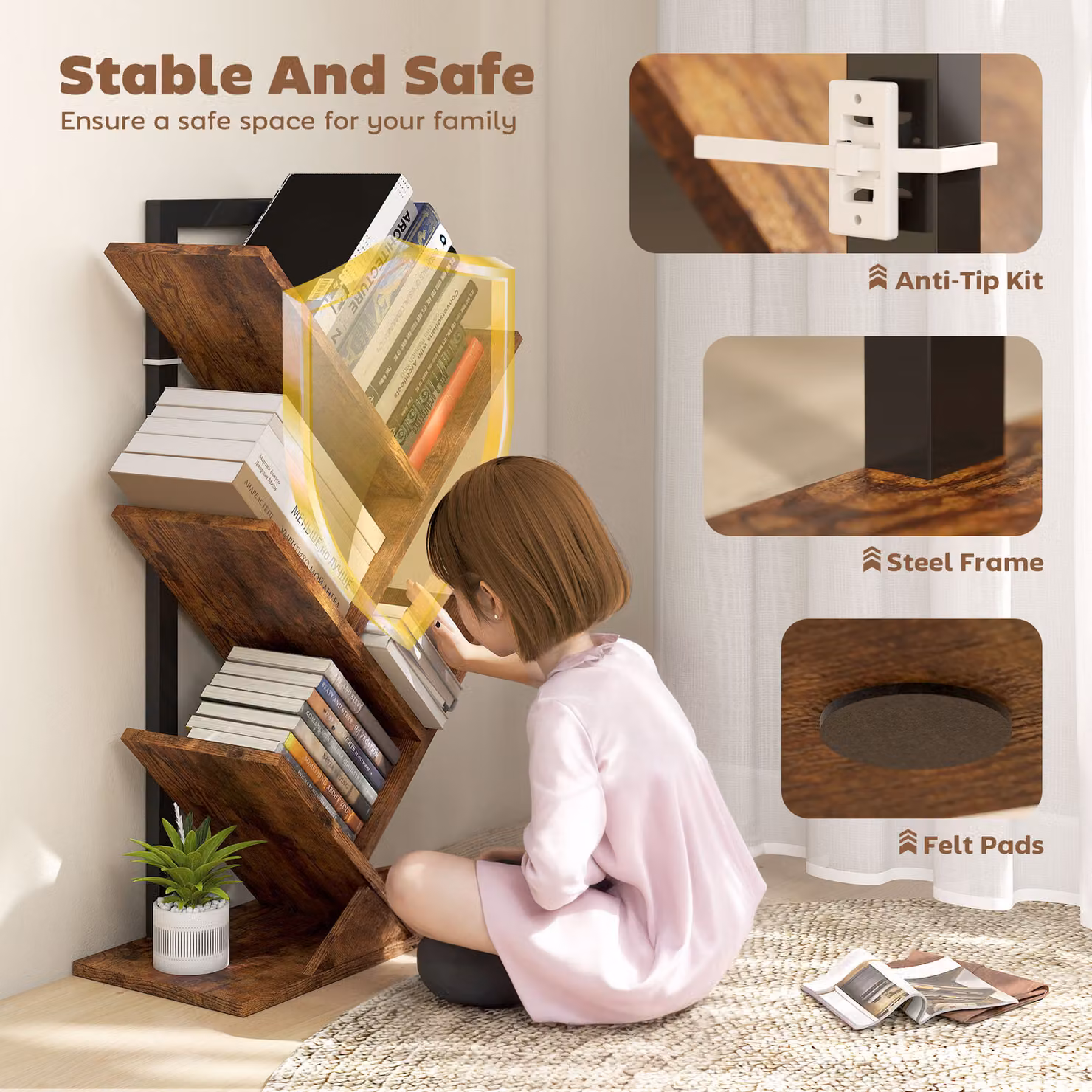 HOMCOM Four-Section Tree Bookcase in Brown Wood-Effect with Metal and Composite Ladder Design – 3