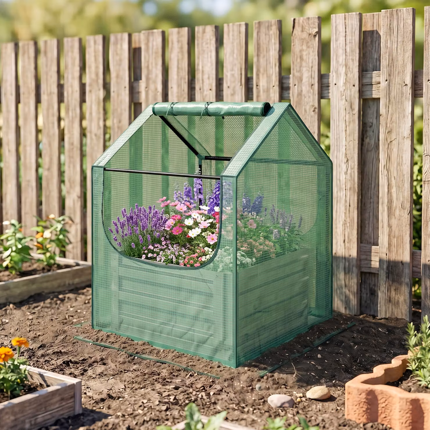 Outsunny Garden Planter Bed with Cover, Green and Silver, W/D/H: 61 x 61 x 90 cm – 2