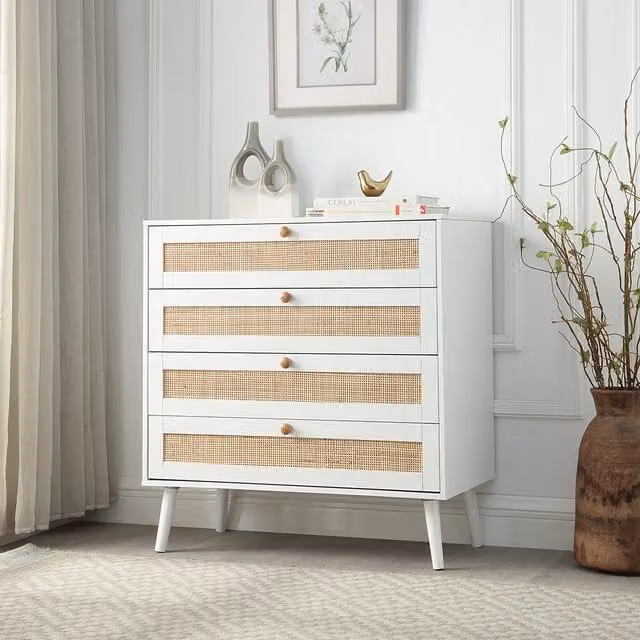 Home Treats 4 Piece Rattan and Wood Bedroom Furniture Set in White
