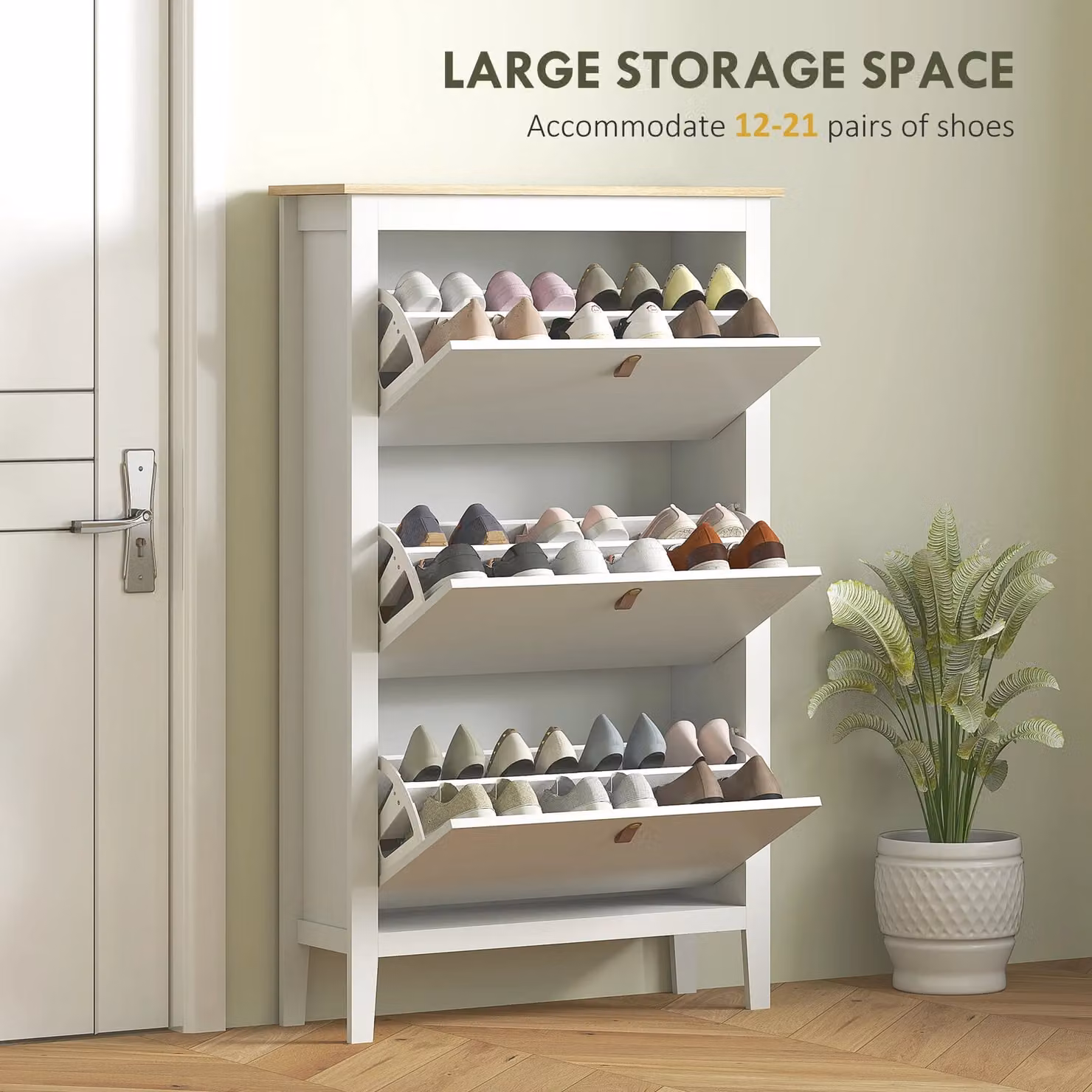 HOMCOM Modern White 3 Drawer Shoe Cabinet with Tilting Compartments and Hinged Doors for Hallway and Entryway – 2