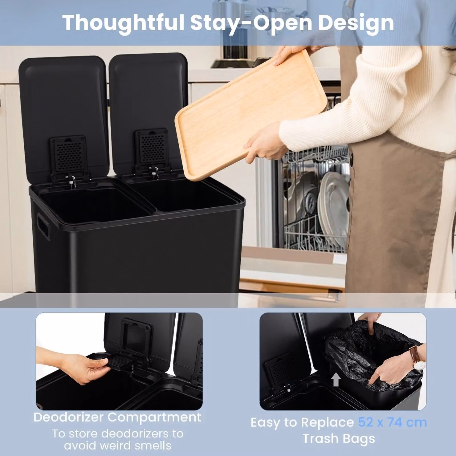Costway 60L Dual Compartment Pedal Trash Can with 2 x 30L Bins and Odour Filters, Black – 6