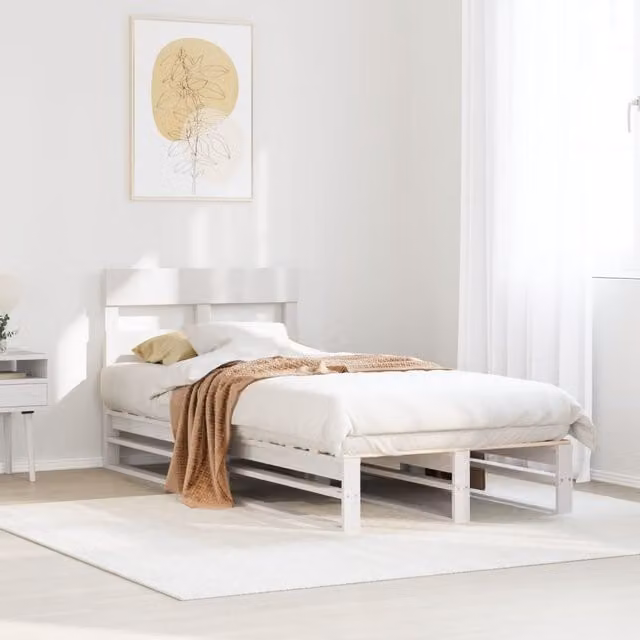 Berkfield Home White Solid Pine Wood Bed Frame W/D/H: 100 x 200 cm