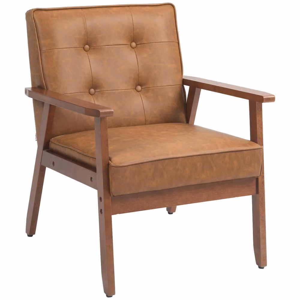 STILVORA Retro Armchair with Brown PU Leather Upholstery and Solid Rubberwood Frame – 3