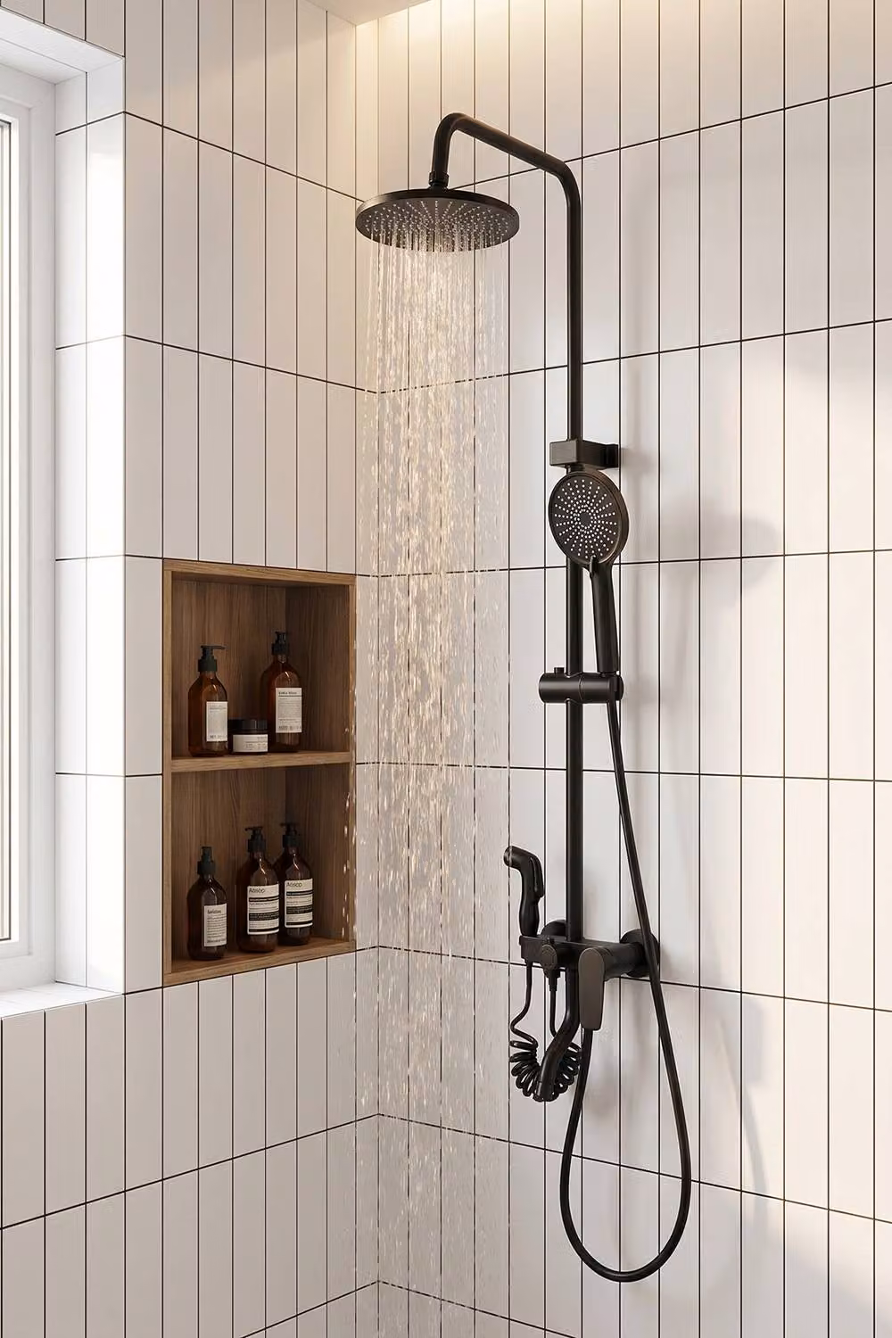 Living and Home Wall-Mounted Matt Black Brass Shower System Set with Overhead and Hand Shower – 2